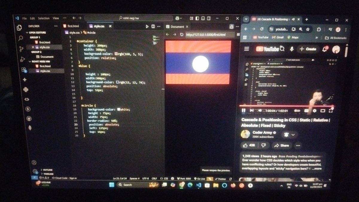 imKrishnaT's tweet image. Day 9 of Web development course🔥

Attendance lagado guruji @rohit_negi9
@adityatandon02

We learn about the position ( relative,fixed, absolute,sticky,static)
And also z-index

😄Very beautiful explanation about the absolute and relative positioning ! 
#Webdevelopment #Rohitnegi