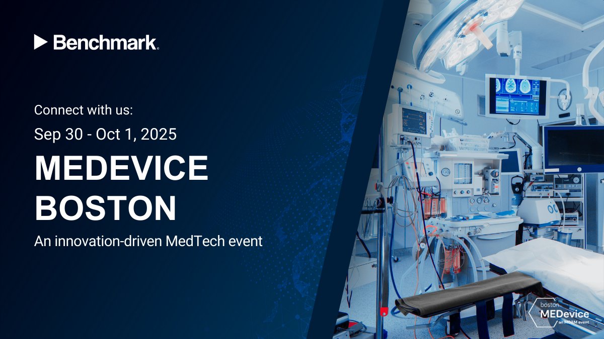 BenchElec's tweet image. Benchmark is attending MEDevice Boston 2025, Sep 30 to Oct 1. With decades delivering high-reliability medical products such as surgical robotics, imaging, and fluid management, we are ready to work with you. Schedule a meeting with us: go.bench.com/4pybnzk #WhenItMatters