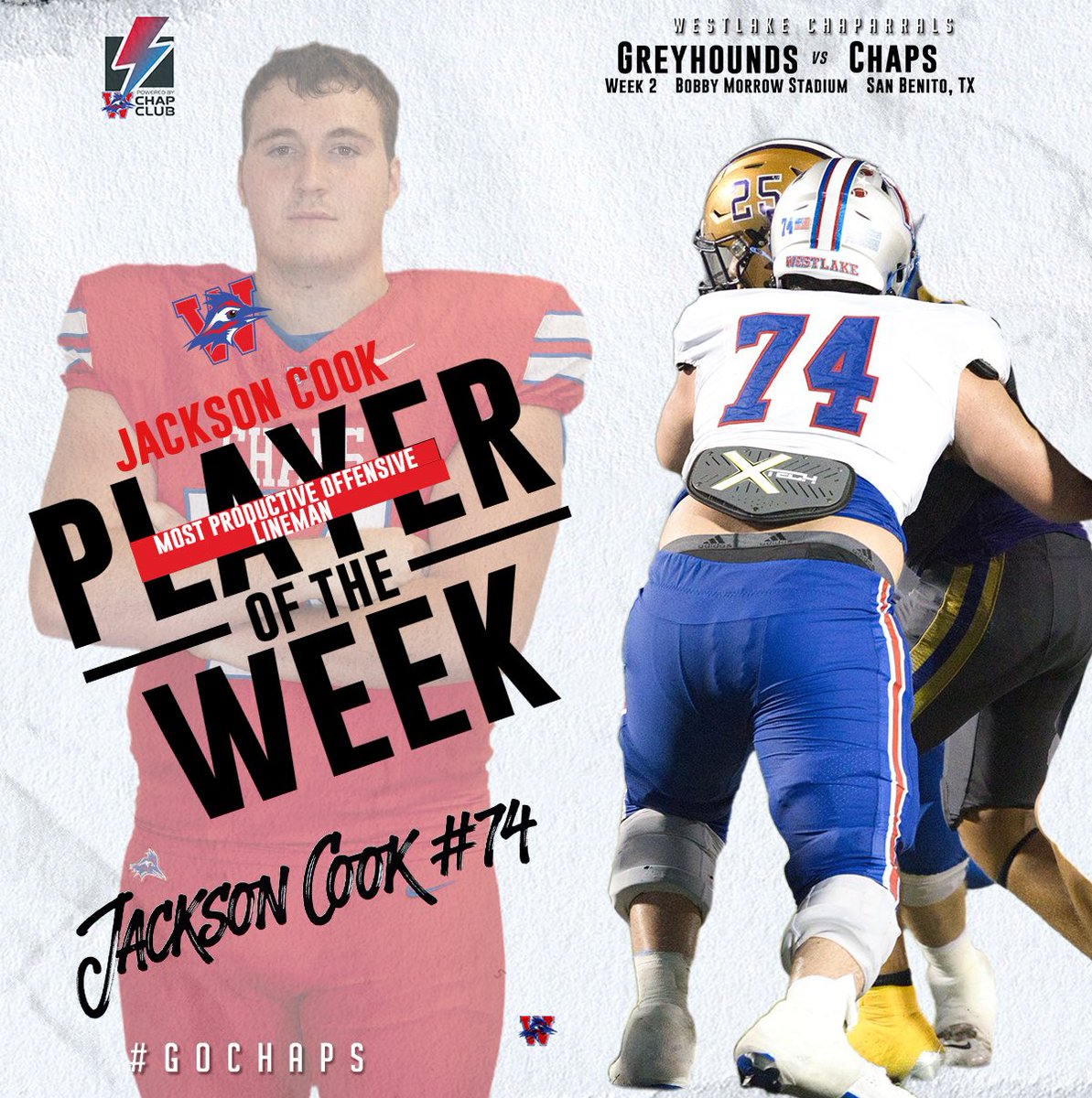 Jackson Cook earned his second consecutive Most Productive Offensive Lineman of the Week following his performance in the 66-0 win over San Benito. Cook helped the offense set the tone for the offense that racked up 591-yards of total offense. #GoChaps