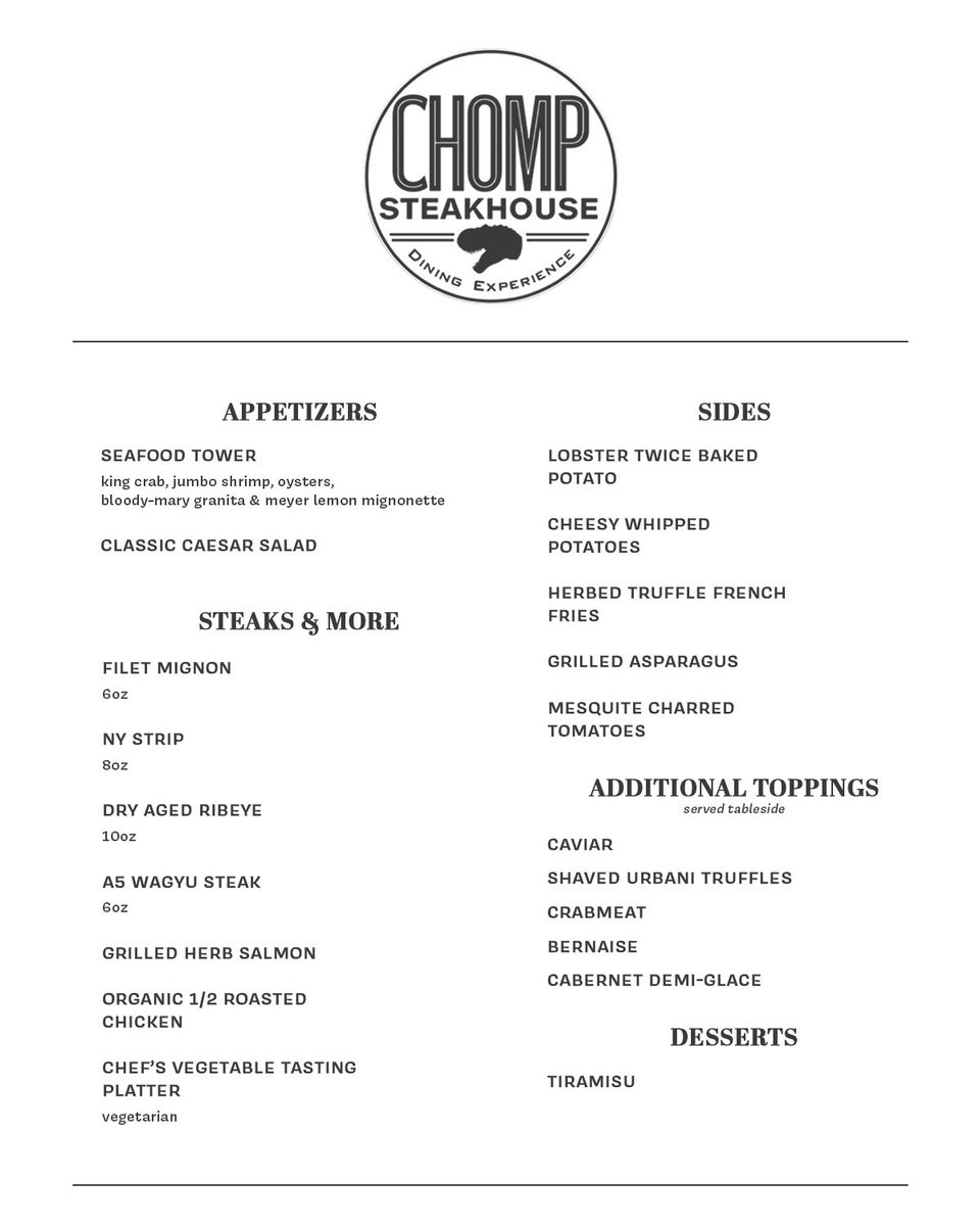 We’re very excited to unveil Chomp Steakhouse 🦖 This is a walk-up in venue restaurant, no reservations required, with incredible views of Wompy Woods. Enjoy a culinary experience with a huge side of Bass!