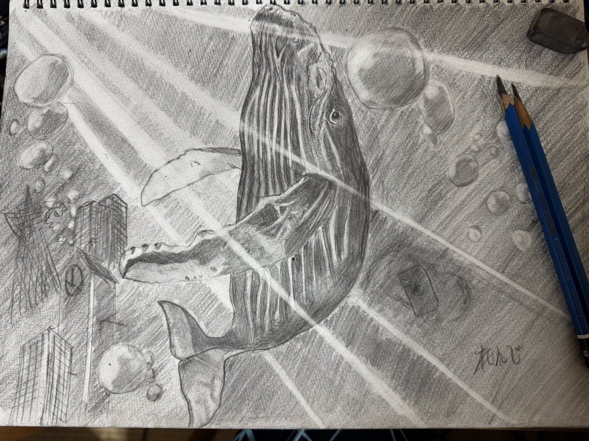 renzeeeeen's tweet image. 深夜のお絵描き
 #お絵描き #鉛筆画  #鯨