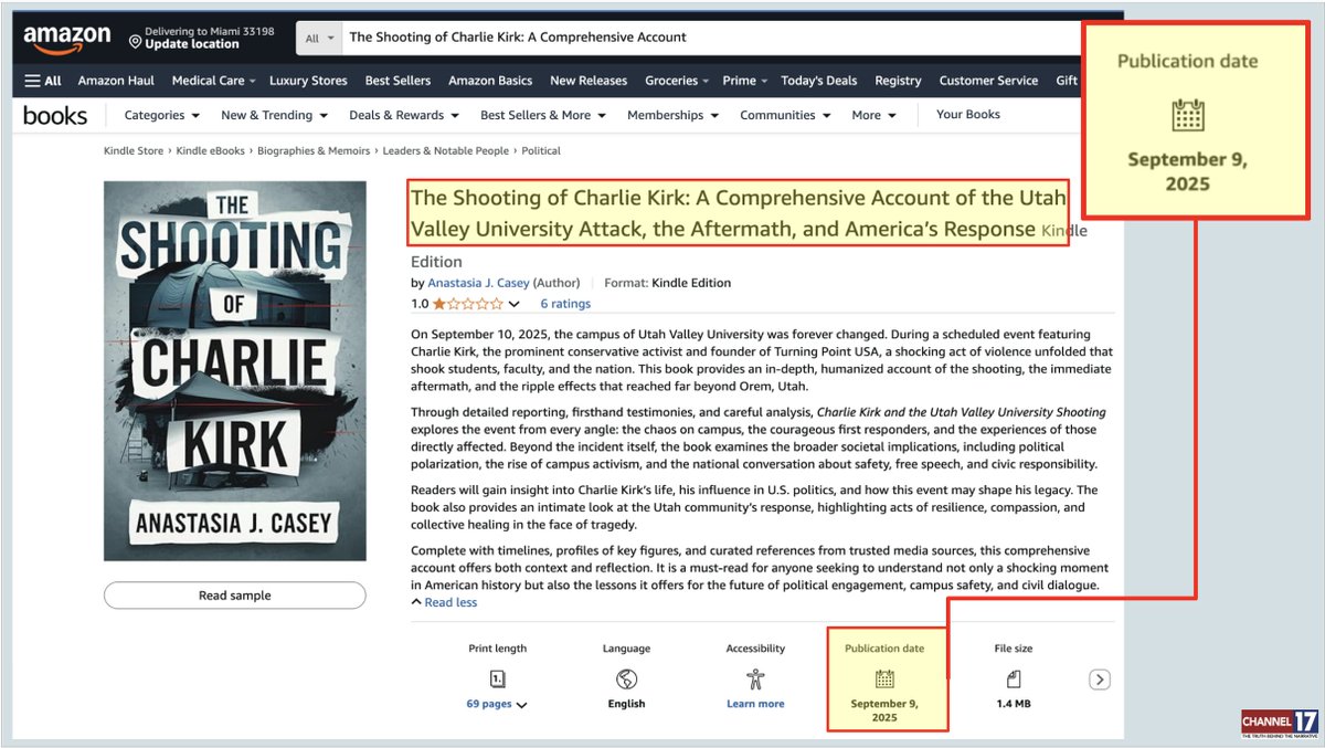 Can someone honestly explain to me how a book titled "The Shooting of Charlie Kirk: A Comprehensive Account of the Utah Valley University Attack, the Aftermath, and America’s Response" was published on Amazon.com on SEPTEMBER 9TH, when the event took place on