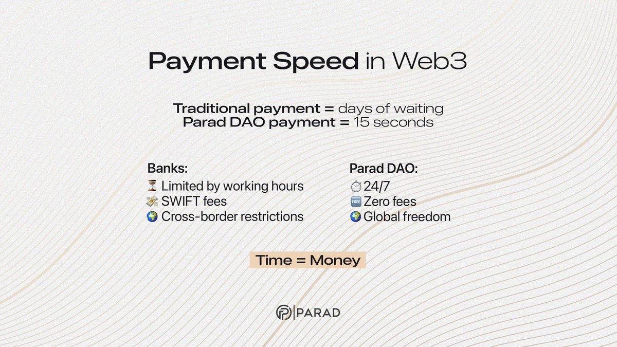 prddao's tweet image. Traditional payment = days of waiting ⏳
Parad DAO payment = 15 seconds 🚀

✔️ 24/7 availability
✔️ Zero fees
✔️ Global freedom 🌍
💡 Time = Money. Parad DAO = Speed + Freedom.

#Web3 #DeFi #ParadDAO #CryptoPayments