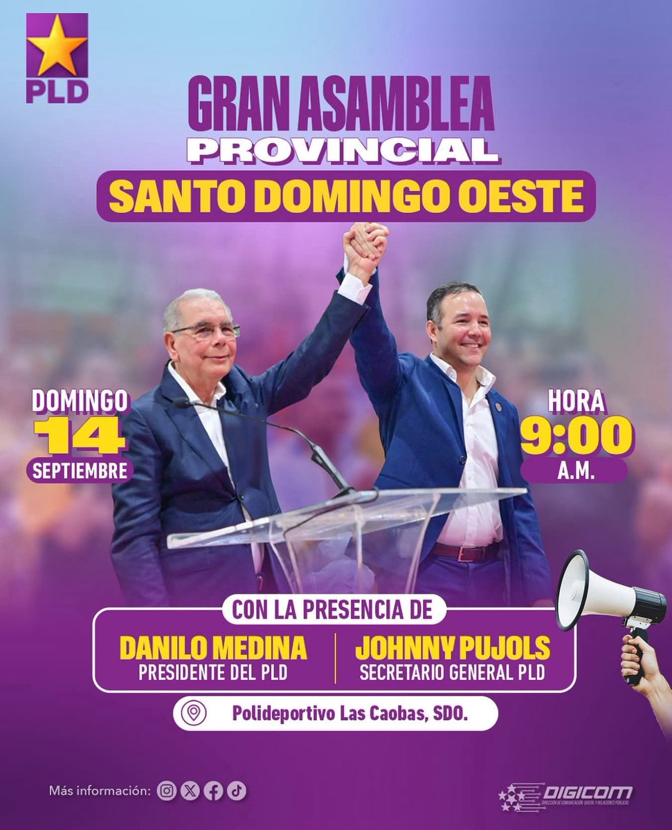 Este domingo 14 de septiembre, a las 9:00 AM, nos encontramos en la Gran Asamblea Provincial del PLD en Santo Domingo Oeste.
Unidos, organizados y en marcha.

📌 Polideportivo Las Caobas.
#PLDEnMovimiento #SDO