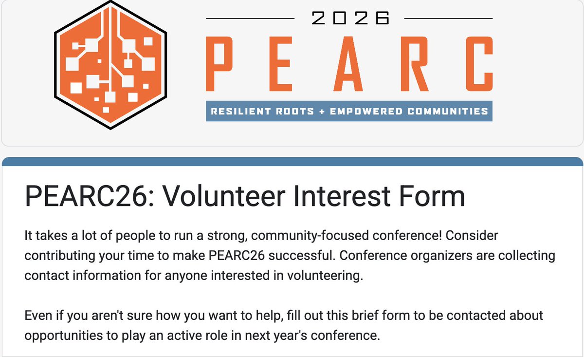PEARC_Conf's tweet image. We now have amazing people who are making #PEARC26 an event to remember: pearc.acm.org/pearc26/commit… 🎉🎉🎉
We’re also looking for VOLUNTEERS to help make #PEARC26 a success! Sign up at docs.google.com/forms/d/e/1FAI…
#ResearchComputing #RCD #PEARC #ResearchData #HPC #Minneapolis2026