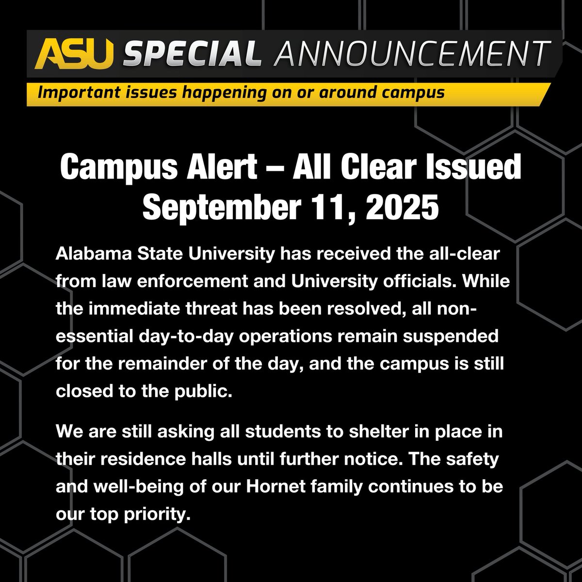 𝐀𝐋𝐋 𝐂𝐋𝐄𝐀𝐑 𝐈𝐒𝐒𝐔𝐄𝐃: ASU remains closed to the public; students, please continue to shelter in place.