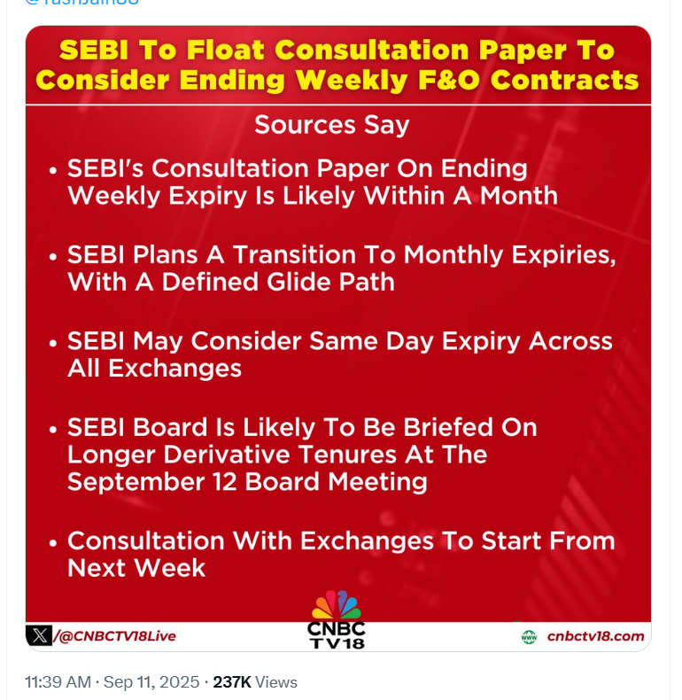 entrepreneur987's tweet photo. CNBC TV18 at 11:39 AM = SEBI's consultation paper on ending weekly expiry 

ET NOW at 5 PM = SEBI has no proposal to end weekly expiry as of now 

Both news channels quoting sources and playing exactly opposite news on their respective channels 

Will anyone from @MIB_India inform them that their job is to provide actual news and not source based wrong news

Will anyone from @SEBI_India @SEBI_updates inform them that their source based news is actually causing more loss to traders than the weekly expiries itself 

Will anyone from @FinMinIndia @nsitharaman @nsitharamanoffc take action on these news channels for causing unnecessary panic among investors for spreading same fake news every week