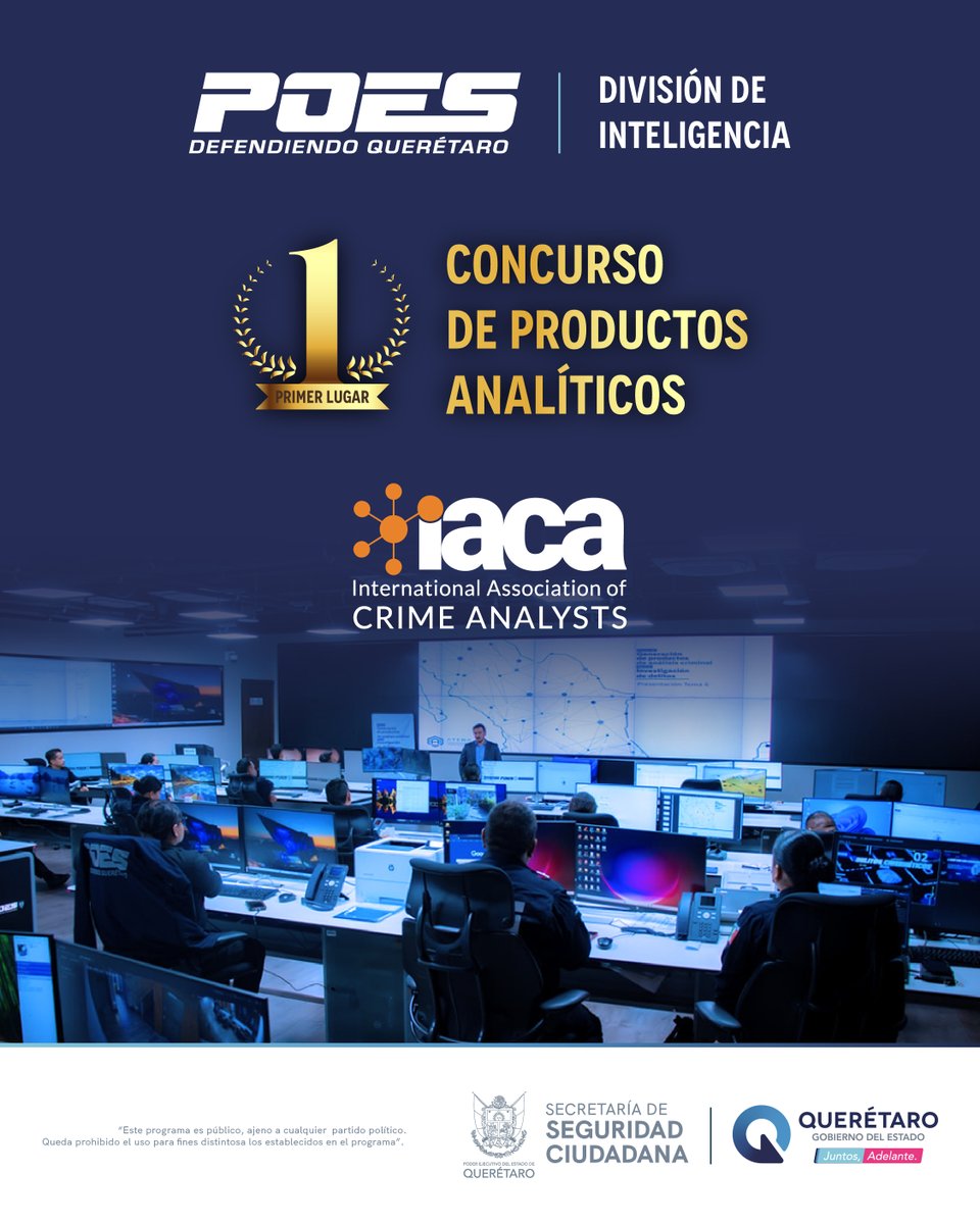 Gracias al reconocimiento nacional 🇲🇽y a la colaboración internacional🇺🇸, avanzamos en la visión del gobernador <a href="/makugo/">Mauricio Kuri</a> de llevar la seguridad de #Querétaro al siguiente nivel.

La <a href="/SSCQro/">Secretaría de Seguridad Ciudadana de Querétaro</a>  obtuvo el 1er lugar en el Analytical Product Contest 2025 de la <a href="/crimeanalysts/">IACA</a>, por un