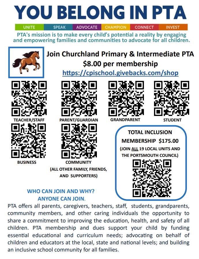 Your voice matters, and your membership makes a difference! 💙🤍
Join the Churchland Primary &amp; Intermediate PTA today for just $8.00 and help us strengthen our school community. #PPSShines #cpisthoroughbreds