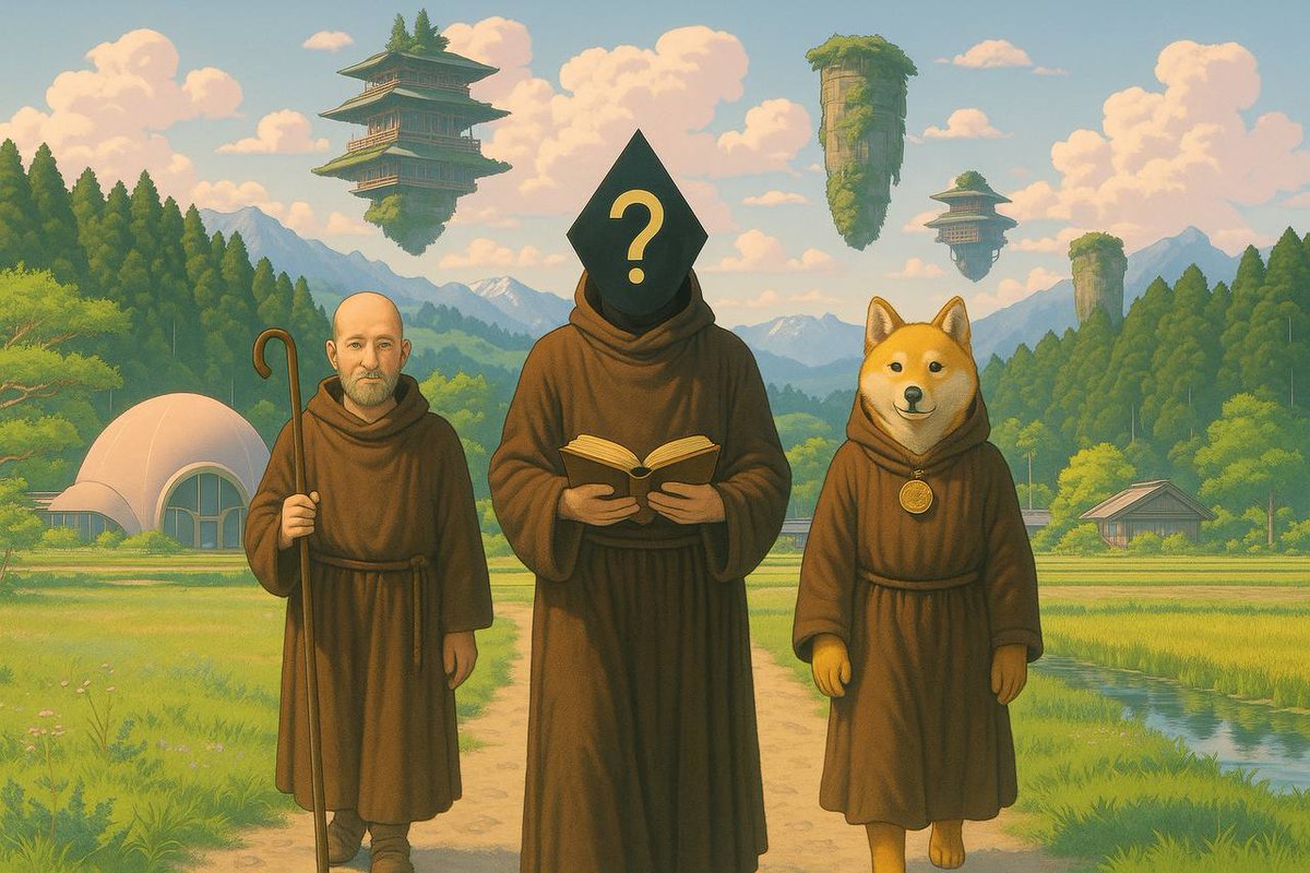수도승, 신비로운 인물, 로브를 입은 시바 이누 강아지 등을 포함한 Book of Ethereum 캐릭터들의 판타지 일러스트