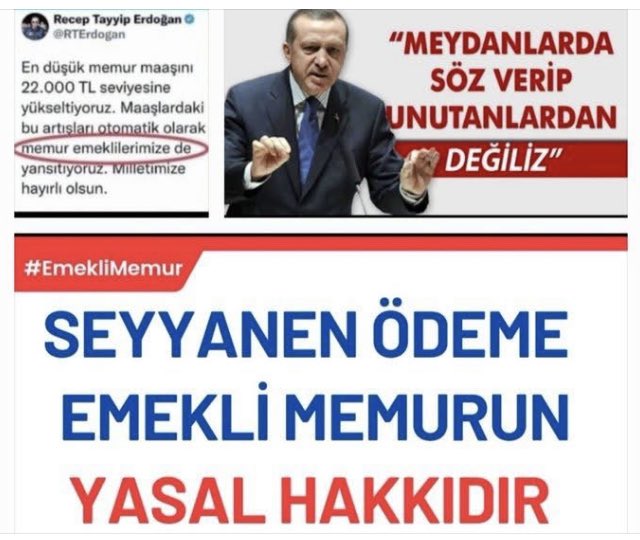 Sn <a href="/RTErdogan/">Recep Tayyip Erdoğan</a> 11.05.2023 de #EmekliMemur a Seyyanen sözü verdi ama #DuyDaİnanma

Emekli Memurun 5434 ve 4688 sayılı kanun ve Anayasa eşitlik ilkesi ile kanuni hakkı seyyaneni, kanuna aykırı 375/40 KHK ile vermedi hem kanunu hem sözünü çiğnedi <a href="/Akparti/">AK Parti</a> <a href="/MHP_Bilgi/">MHP</a> <a href="/tcbestepe/">T.C. Cumhurbaşkanlığı</a>