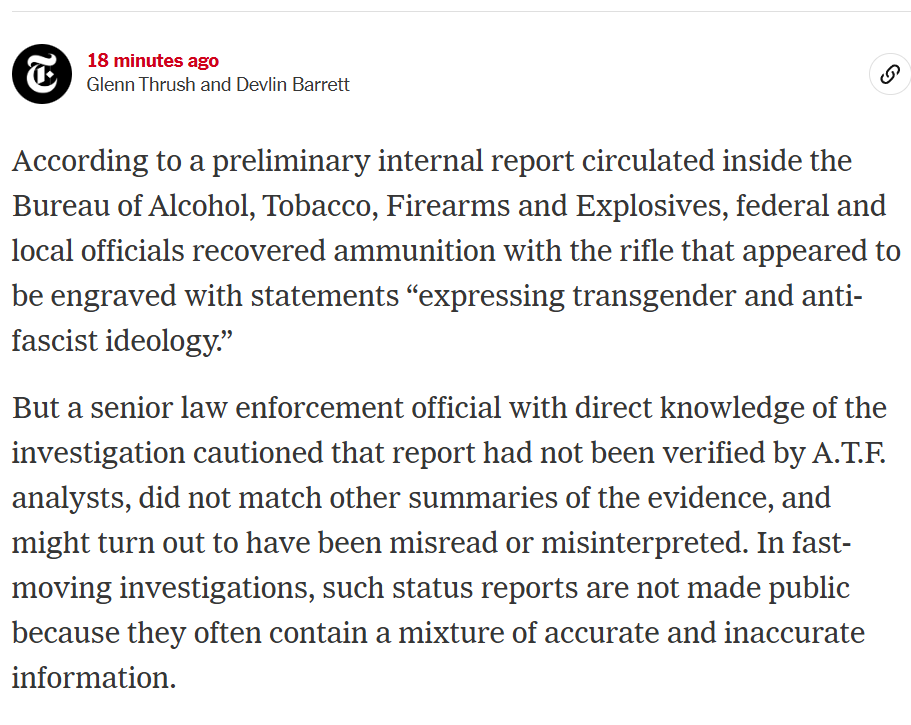 envisionedluna's tweet photo. The ATF has retracted their statement that bullets had statements "expressing transgender and anti-fascist ideology" engraved on them. 

The report "had not been verified" and "did not match other summaries of the evidence" 

Stop making fools of yourself, stop spreading lies https://t.co/ZeJqQdE3Xz