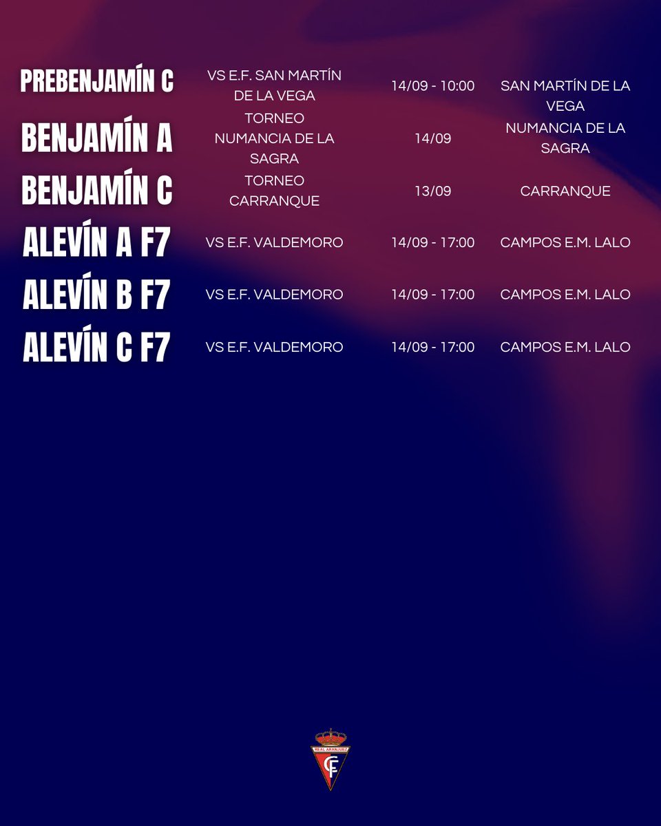 🗓️ Los horarios de nuestra cantera y escuela para este fin de semana

#VamosAranjuez #OrgulloRibereño