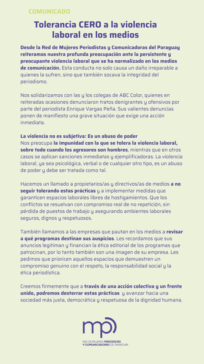 RMPCpy's tweet image. Desde la RMPCPy alzamos la voz contra la violencia laboral que se normaliza en nuestras redacciones. Nos solidarizamos con colegas de ABC Color y exigimos acciones inmediatas frente a los abusos denunciados contra Enrique Vargas Peña.
¡Las periodistas ya no se callan!