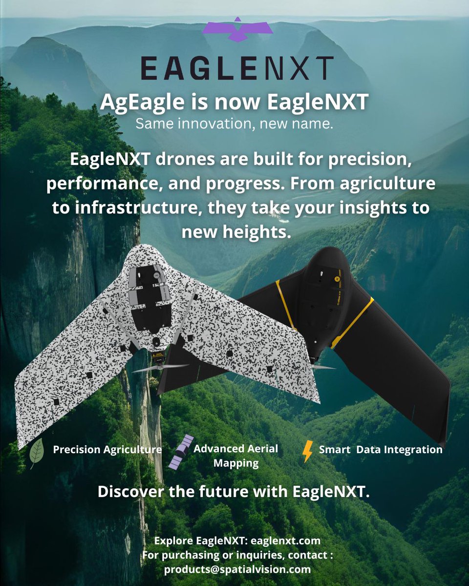 SpatialVision's tweet image. 🚀 AgEagle is now EagleNXT! Same innovation, new name.

From precision agriculture 🌱 to advanced mapping 🛰️, EagleNXT drones deliver smarter aerial solutions.

Interested in a fixed-wing drone? Contact us: products@spatialvision.com

#EagleNXT #DroneTech #SpatialInnovision