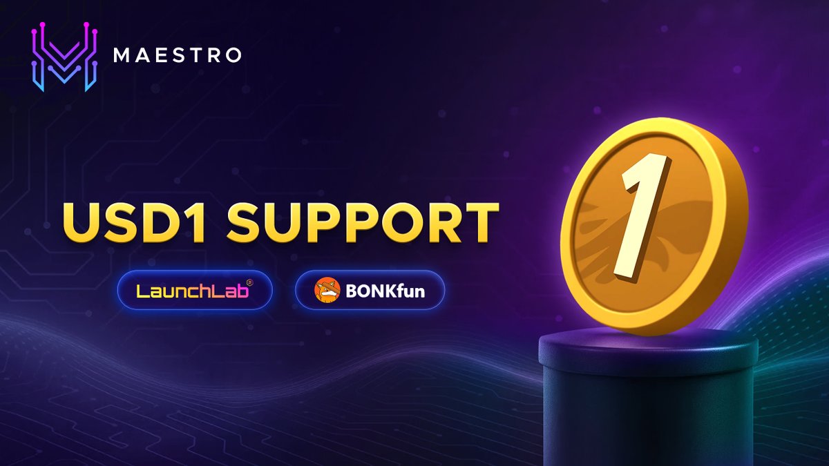 MaestroBots's tweet photo. Trade USD1 on Solana

Maestro now supports USD1 pairs on @RaydiumProtocol LaunchLab and @bonkfun.

Start with SOL and let Maestro handle the swap seamlessly.

Takeoff with Maestro 🤖🪄