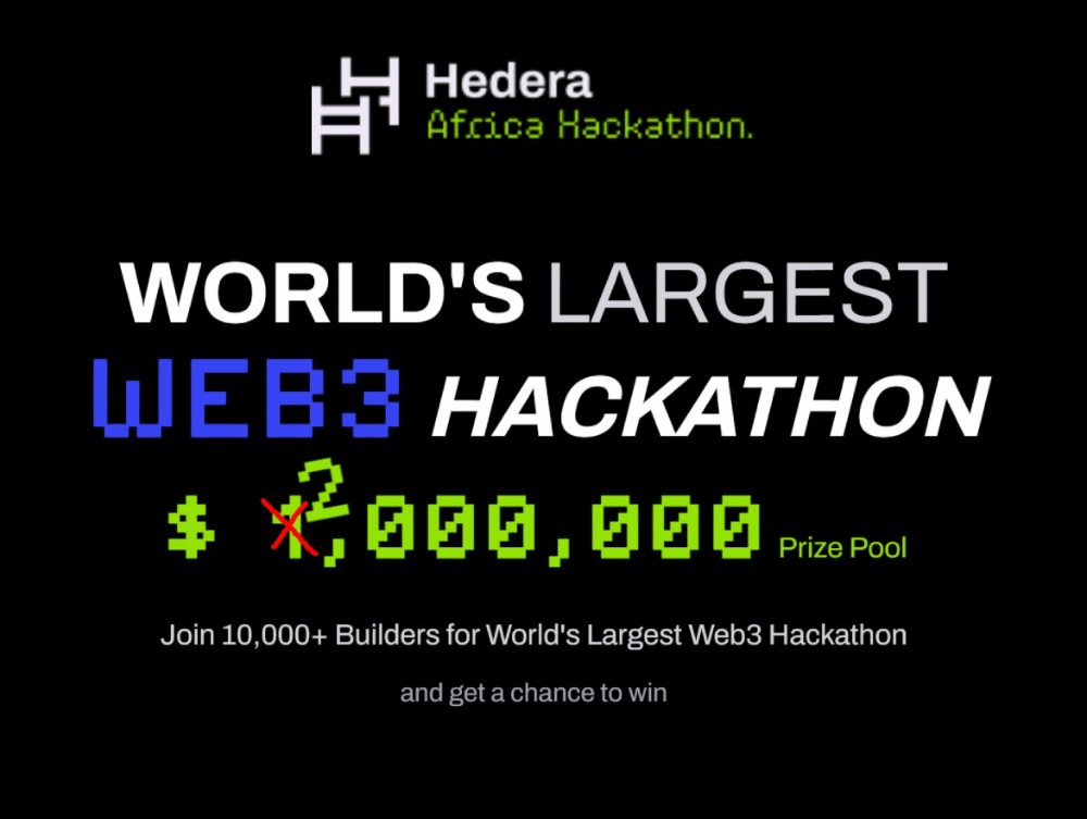 Hedera_Hacks's tweet photo. We're giving you 𝗱𝗼𝘂𝗯𝗹𝗲 𝘁𝗵𝗲 𝗺𝗼𝘁𝗶𝘃𝗮𝘁𝗶𝗼𝗻 and 𝗱𝗼𝘂𝗯𝗹𝗲 𝘁𝗵𝗲 𝗼𝗽𝗽𝗼𝗿𝘁𝘂𝗻𝗶𝘁𝘆! 

The prize pool for the 𝗛𝗲𝗱𝗲𝗿𝗮 𝗔𝗳𝗿𝗶𝗰𝗮 𝗛𝗮𝗰𝗸𝗮𝘁𝗵𝗼𝗻 doubled to $𝟮 𝗺𝗶𝗹𝗹𝗶𝗼𝗻 ($1M in grants + $1M in VC funding). 

What are you waiting for? https://t.co/33qriAleme