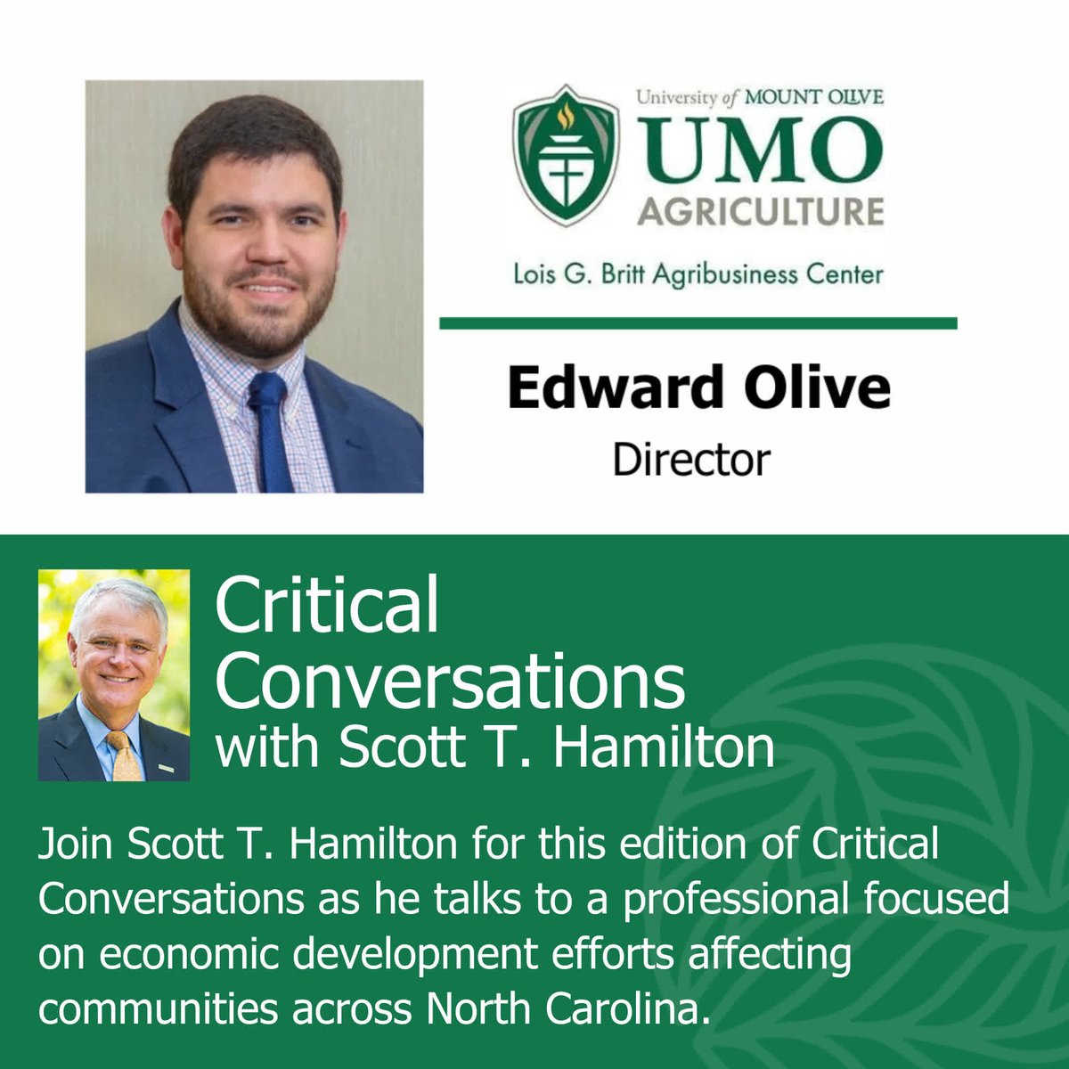 🌟Tune in to the latest <a href="/ncLEAFchief/">Scott T. Hamilton</a> Critical Conversation featuring Edward Olive, Director of the <a href="/OfficialUMO/">University of Mount Olive</a> Lois G. Britt Agribusiness Center. Discover insights on workforce development in agribusiness in North Carolina's rural communities. Watch now: goldenleaf.org/critical-conve…