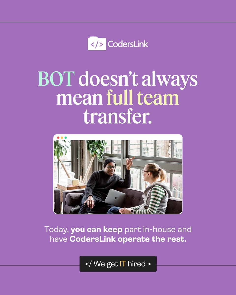 hirecoderslink's tweet image. BOT isn’t all or nothing.
With CodersLink, you keep part of the team in-house — and we operate the rest.
✅ Hybrid control
✅ Nearshore execution
✅ Scalable growth
#BOTModel #HybridOperations #RemoteTeams