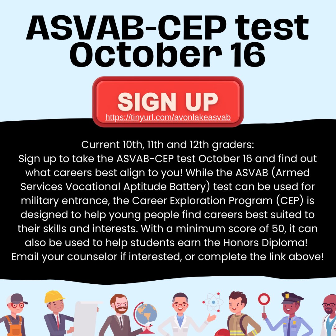 ALHSGuidance's tweet image. 🚩Testing Opportunity Alert!🚩
ASVAB- CEP test! Figure out what careers best align to you!
Complete the link below or email your counselor if interested.
tinyurl.com/avonlakeasvab