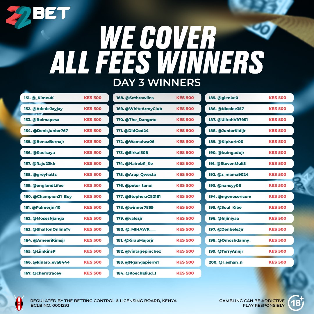#22betcoverallfees! 💥

Day 3 winners wako ndani! 🥳🙌
M-Pesa imepiga concert leo – ting ting kila mahali! 🎶😂
Kama jina yako iko hapa, hongera! 👏 Cheki list hapa chini 👇

Na kwa wale bado, relax… Day 4 &amp; Day 5 winners wanakam 🔥 bado time ya kubamba!