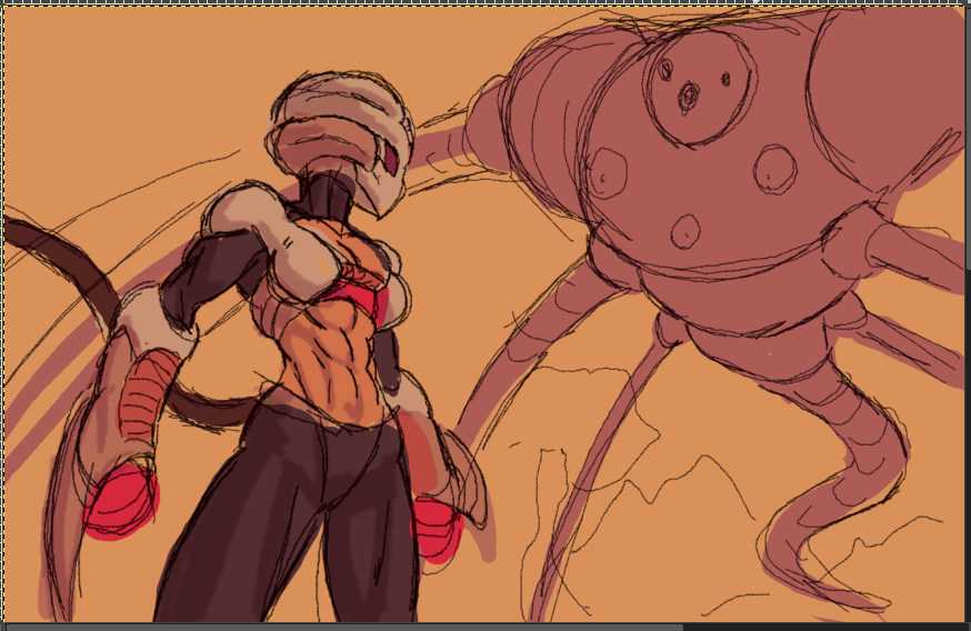 sketching her fighting creatures and stuff cause ive been wanting to show her doing hunting stuff