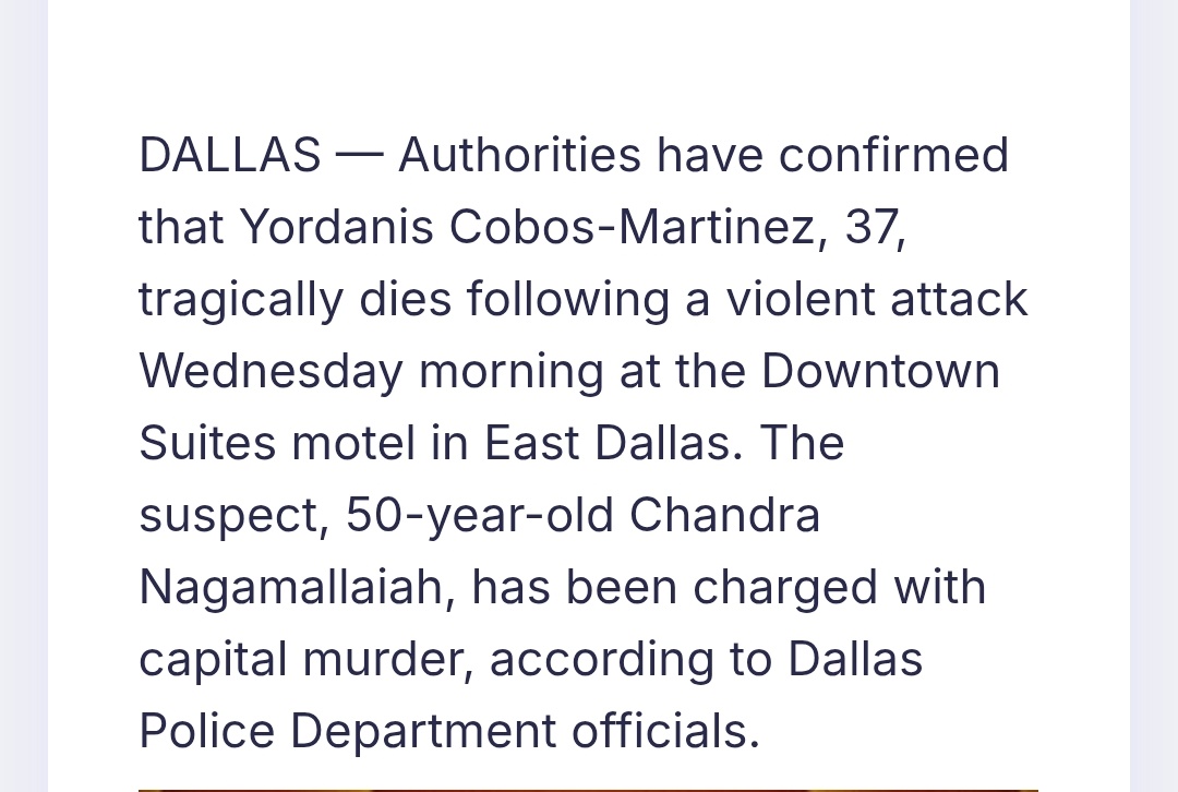 How shameful, no American media reported it because the victim is brown.

And the one that reported it made victim Indian American Chandra the attacker and the attacker Yordanis Cobos-Martinez the victim.

This is after the attacker carrying beheaded son of Chandra in hand.