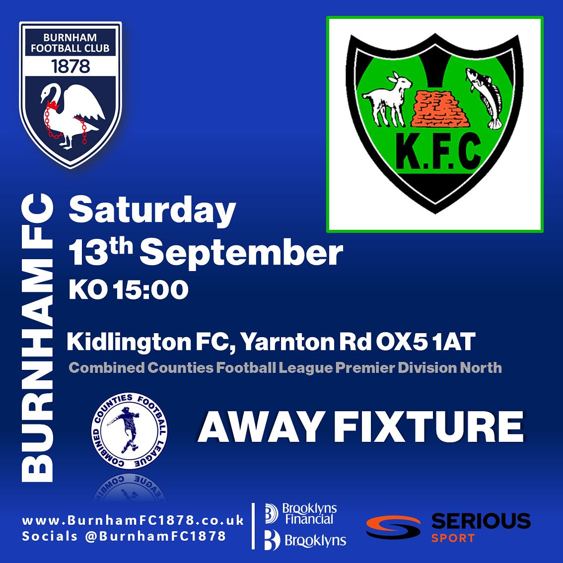 Reminder, this Saturday we’re away at Kidlington FC for our next Combined Counties Football League Premier Division North fixture. Come and support us if you can 🙏 #BurnhamFC #Nonleague