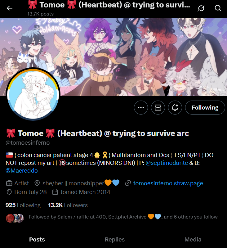 Rest in peace <a href="/tomoesinferno/">🎀 Tomoe 🎀 (Heartbeat) @ trying to survive arc</a>, your settphel art brightened the days of many many people and all your fans will miss you dearly