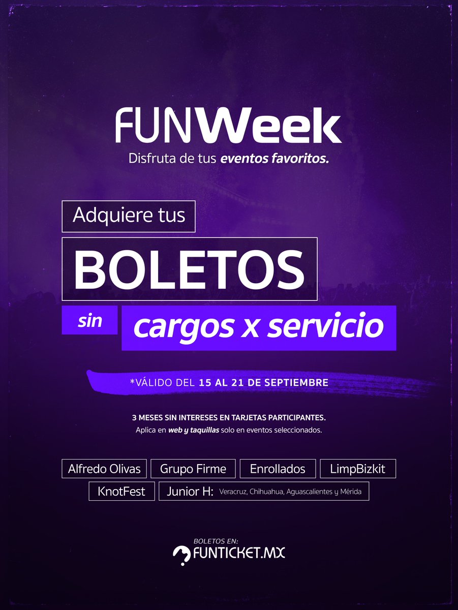 RuidoMagazine's tweet photo. ๐ถ ยกEs FUNWeek!
Compra tus boletos ๐๏ธ del 15 al 21 de septiembre
๐ SIN cargos x servicio
๐ค Alfredo Olivas | Grupo Firme | Limp Bizkit | KnotFest | Junior H y mรกs.
๐ https://t.co/blWDg4DOQb
#FUNWeek #Boletos https://t.co/Dskwv3JknN
