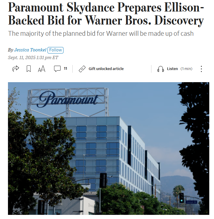 wallstengine's tweet photo. Paramount Skydance $PSKY is preparing a majority-cash, Ellison-backed bid to acquire Warner Bros. Discovery $WBD, WSJ reports. 

The offer could cover all of Warner’s assets, including cable networks and its movie studio, as Warner restructures into two divisions for cable and streaming/studios.