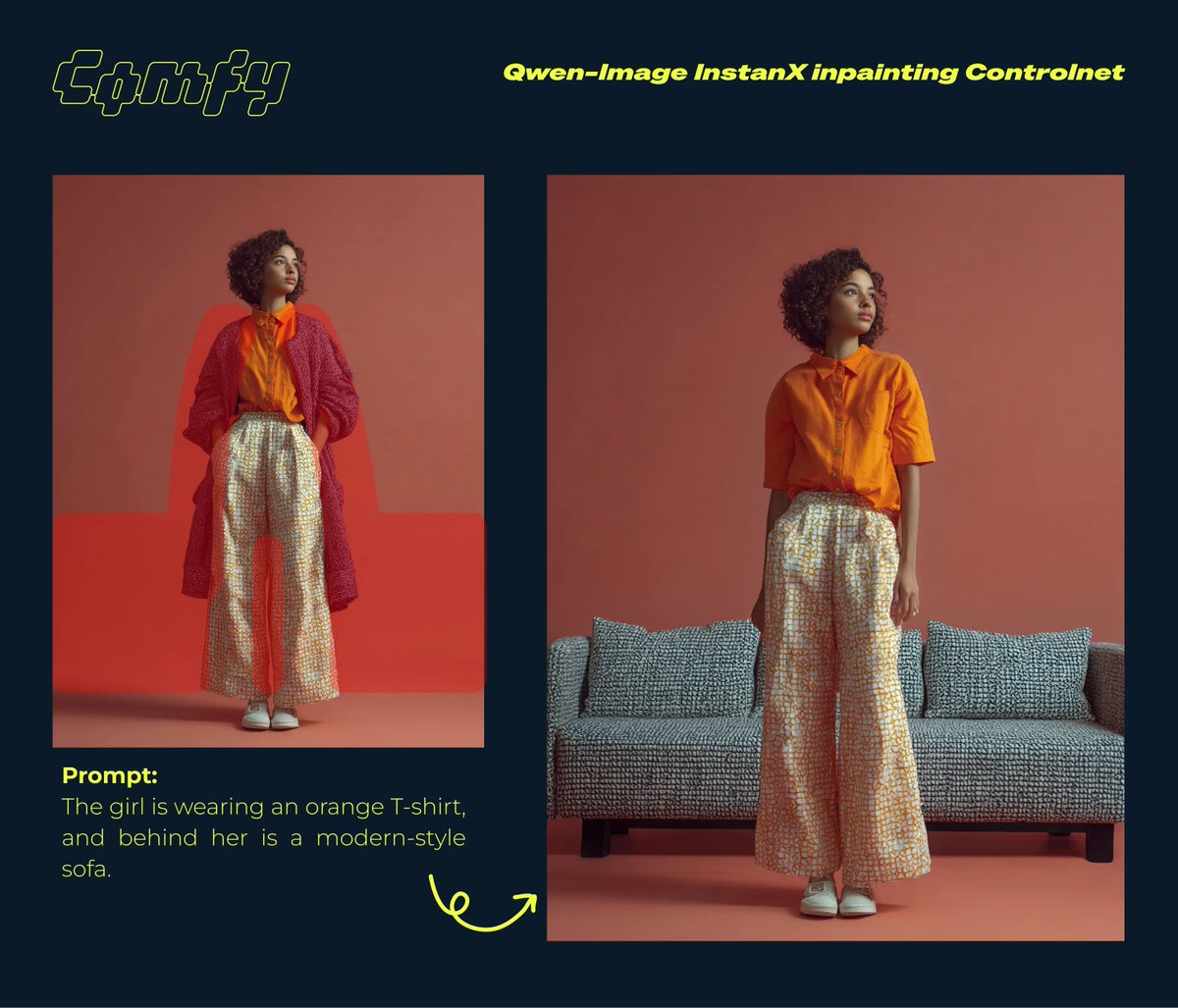 ComfyUI's tweet image. Qwen-Image InstantX Inpainting ControlNet is natively supported in ComfyUI

Professional inpainting &amp;amp; image editing capabilities now available!
🔹 Object replacement
🔹 Text modification
🔹 Background changes
🔹 Outpainting

Perfect for precise image edits with Qwen-Image&apos;s…