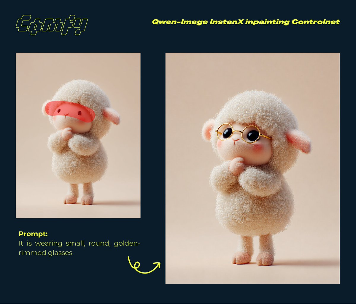 ComfyUI's tweet image. Qwen-Image InstantX Inpainting ControlNet is natively supported in ComfyUI

Professional inpainting &amp;amp; image editing capabilities now available!
🔹 Object replacement
🔹 Text modification
🔹 Background changes
🔹 Outpainting

Perfect for precise image edits with Qwen-Image&apos;s…