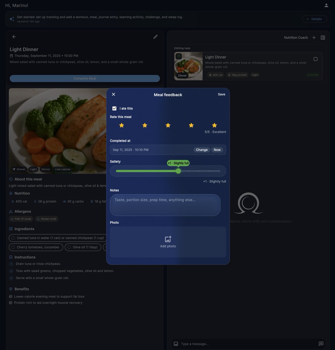 Don't know what to eat to stay healthy or lose weight? Use the $OMEGAX nutritionist!

Get daily personalized meals with preparation instructions, ingredients and list of benefits.

It's all generated on demand: JUST FOR YOU.

Log your feedback and satiety rating, so the AI learns