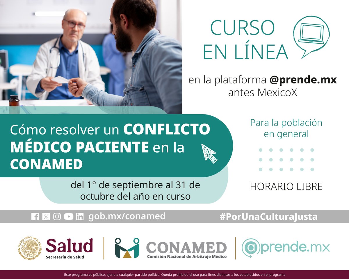 CONAMED_SALUD's tweet photo. 🩺🤝 Resolver un conflicto médico – paciente es posible con diálogo.
📢 Participa en el #CursoEnLínea: “Cómo resolver un conflicto médico-paciente en la #CONAMED” 
@CursosAprendeMX

🌐 Inscríbete aquí 👉 https://t.co/vzHN1C4y0L
Dirigido al público en general
#Conciliación https://t.co/QdJxosGIoZ
