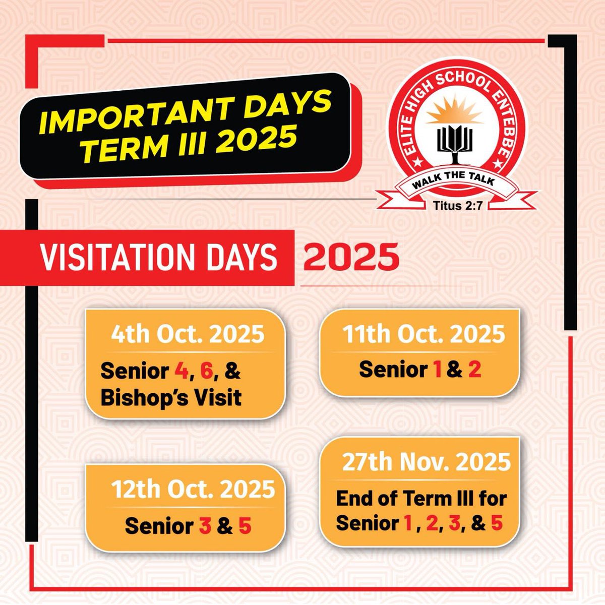 Greetings from Elite High School Entebbe. Kindly note that our Term 3, 2025, officially started on 7/9/2025 with the candidates. And the official reporting day for Seniors 1, 2, 3, and 5 is Saturday, 13/9/2025, from 8:00 am to 5:00 pm.