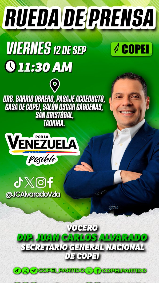 📣 ¡𝗔𝘁𝗲𝗻𝗰𝗶𝗼́𝗻!   

👉 Este viernes, #12Sep, #𝗖𝗼𝗽𝗲𝗶 #𝗧𝗮́𝗰𝗵𝗶𝗿𝗮 ofrecerá una rueda de prensa con la vocería del 𝗗𝗶𝗽. 𝗝𝘂𝗮𝗻 𝗖𝗮𝗿𝗹𝗼𝘀 𝗔𝗹𝘃𝗮𝗿𝗮𝗱𝗼 (<a href="/JCAlvaradoVzla/">Juan Carlos Alvarado</a>), 𝘀𝗲𝗰𝗿𝗲𝘁𝗮𝗿𝗶𝗼 𝗴𝗲𝗻𝗲𝗿𝗮𝗹 𝗻𝗮𝗰𝗶𝗼𝗻𝗮𝗹 del partido.

Se abordarán temas