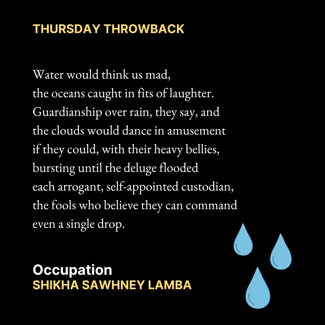 Underbelly Press - SUBS CLOSED (@underbellypress) on Twitter photo This week’s Thursday Throwback brings you Occupation by Shikha Sawhney Lamba (<a href="/ShikhaSLamba/">Shikha Sawhney</a> ).
A sharp and thoughtful piece, it challenges human arrogance and reminds us of the futility in believing we can command what was never ours to control.
Read it now in Issue 3. This week’s Thursday Throwback brings you Occupation by Shikha Sawhney Lamba (<a href="/ShikhaSLamba/">Shikha Sawhney</a> ).
A sharp and thoughtful piece, it challenges human arrogance and reminds us of the futility in believing we can command what was never ours to control.
Read it now in Issue 3.
