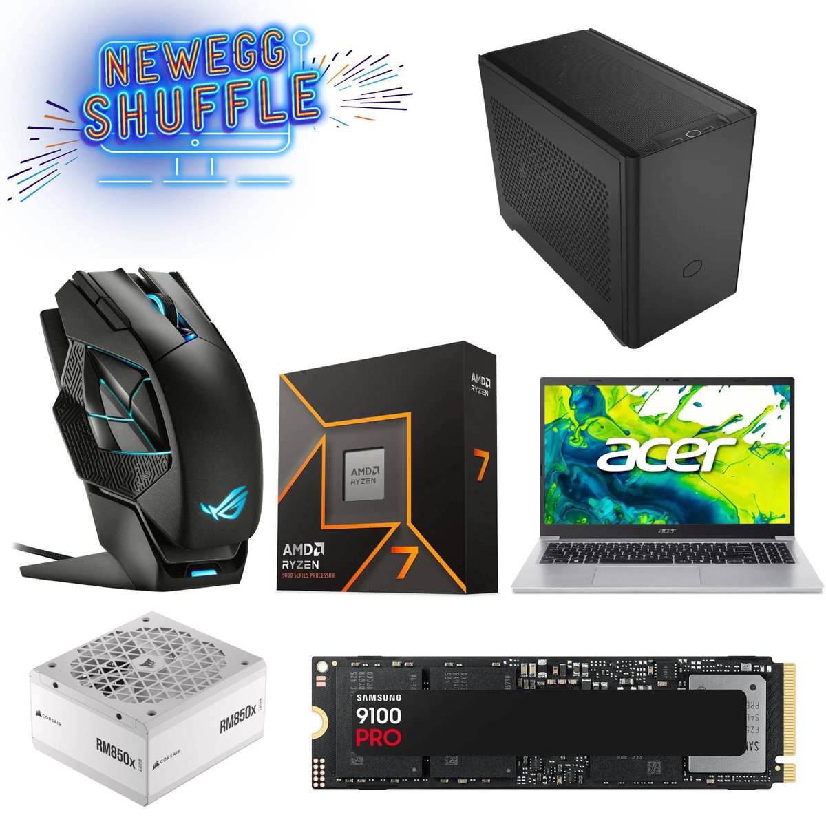 The Shuffle has begun ⏰Enter by 1pm PT for your chance at incredible deals including an AMD Ryzen 7 9700X, $150 Acer laptop, ASUS ROG Gaming mouse, Samsung 9100 PRO SSD, $30 Cooler Master case, and Corsair RM850x Shift in white.
Enter: newegg.io/x-shuffle