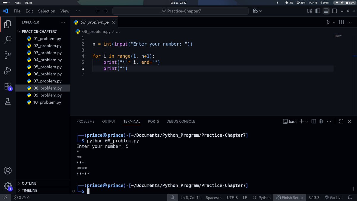 PrinceKush31873's tweet image. Practicing Python loops with a star pattern program!
This code prints a simple triangle shape using a for loop and string multiplication. 🚀
Such small exercises build strong logic and problem-solving skills step by step. 🌟
#Python #LearnPython #CodingLife #100DaysOfCode