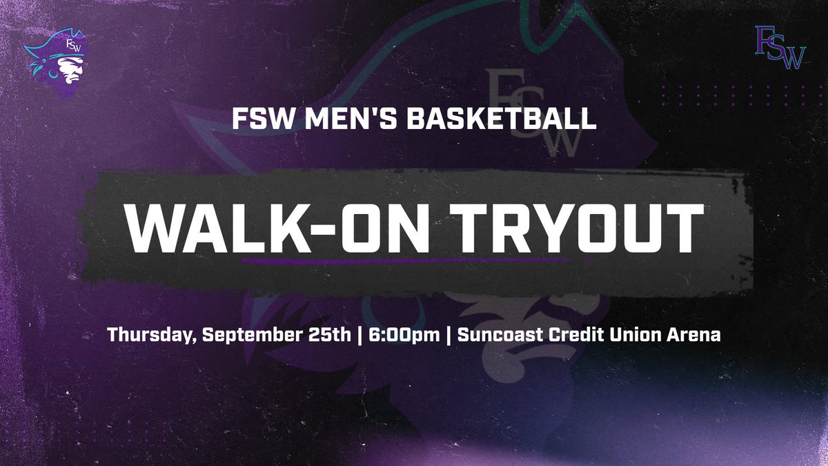 FSWBucsHoops's tweet image. FSW Men’s Basketball will be hosting Walk-On tryouts!
Sept 25 | 6:00PM
Participants must be enrolled as full time students at FSW and provide an updated physical upon arrival.
Email Coach Griff at griffin.myers@fsw.edu to register/more information