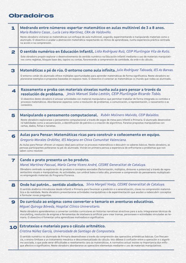 CAFIgalicia's tweet image. 📢 #FormaciónDocente
Descubre a maxia das matemáticas na  xornada  &quot;G2502020  Matemáticas activas para mentes curiosas&quot;‼️
🌟Aprende a facer das matemáticas unha experiencia creativa e sorprendente.
📅27 de setembro de 25
🚨Inscrición ata o 15 de setembro
📒Programa