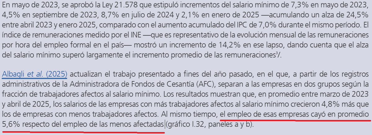 Alza de salario mínimo e impacto en empleo. (fuente: IPOM sep 2025, banco central de Chile)