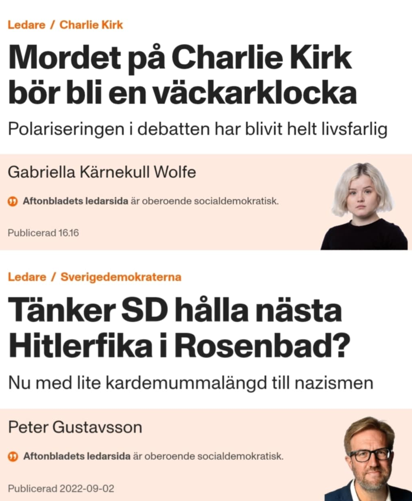 Aftonbladet idag: Uj, uj, den här polariseringen är verkligen farlig. Hur hamnade vi här?
Aftonbladet alla andra dagar: Klistra allt med nazism och Hitler på SD hela tiden.