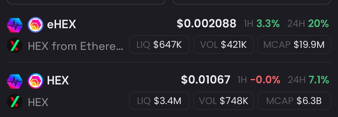 Hmmm

Jeeting into $eHEX again in the 1400 range seemd to have been a great move

New folks? focus on native $HEX on pulsechain since thats the narrative / fan-favorite “real $HEX “

However - this 24H makes me go hmm🧐 start to wonder: why? 🤷🏽‍♂️

IMO $HEX is $HEX 🎩

$PLS $PLSX