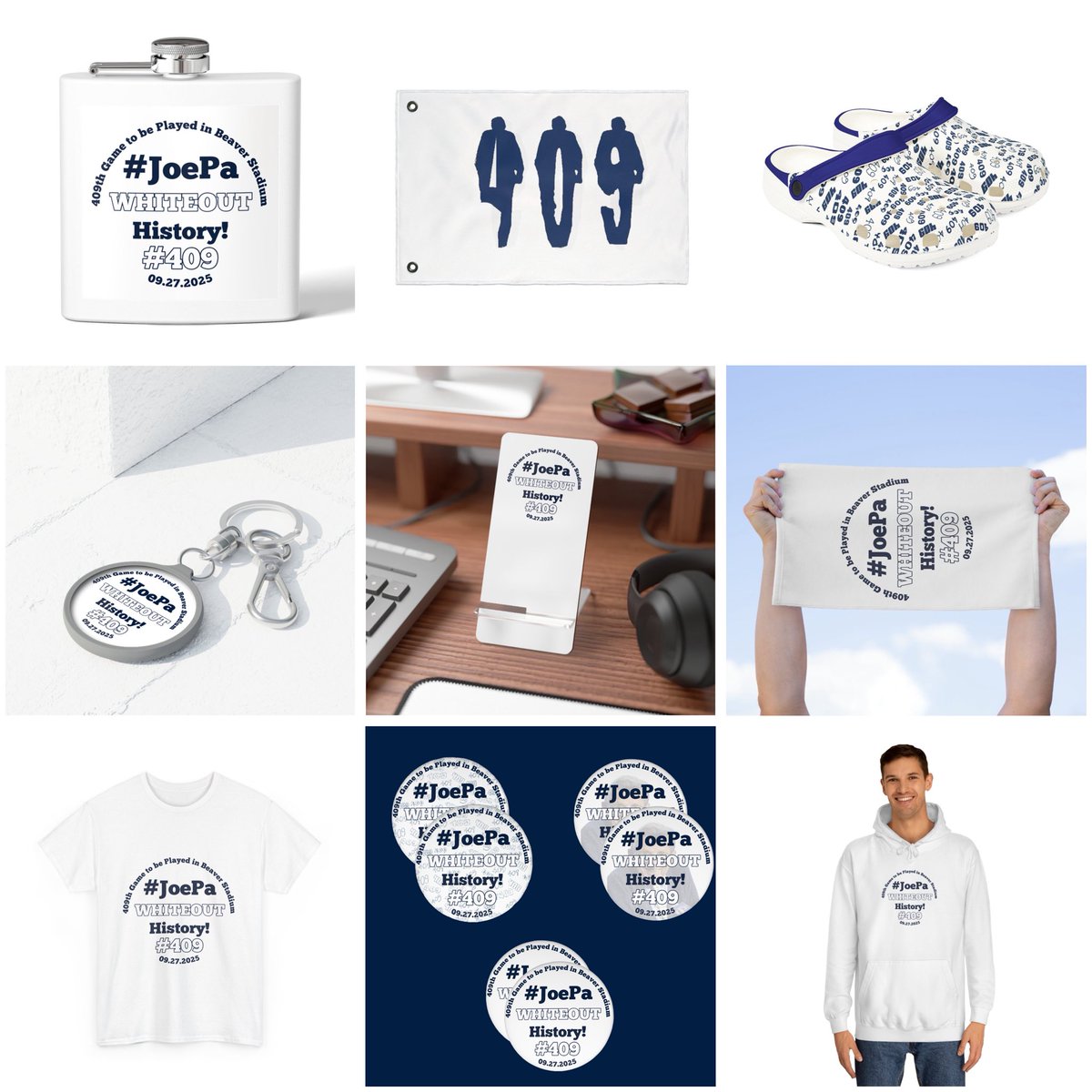 jcohrac's tweet photo. 09.27.25 is 409 Day and we made some Buttons for you!  

some shirts and other items too!

https://t.co/gpN08T0cSU

409th Game to be Played in Beaver Stadium!

#409 #joepa #whiteout https://t.co/ijoS3LC7rL