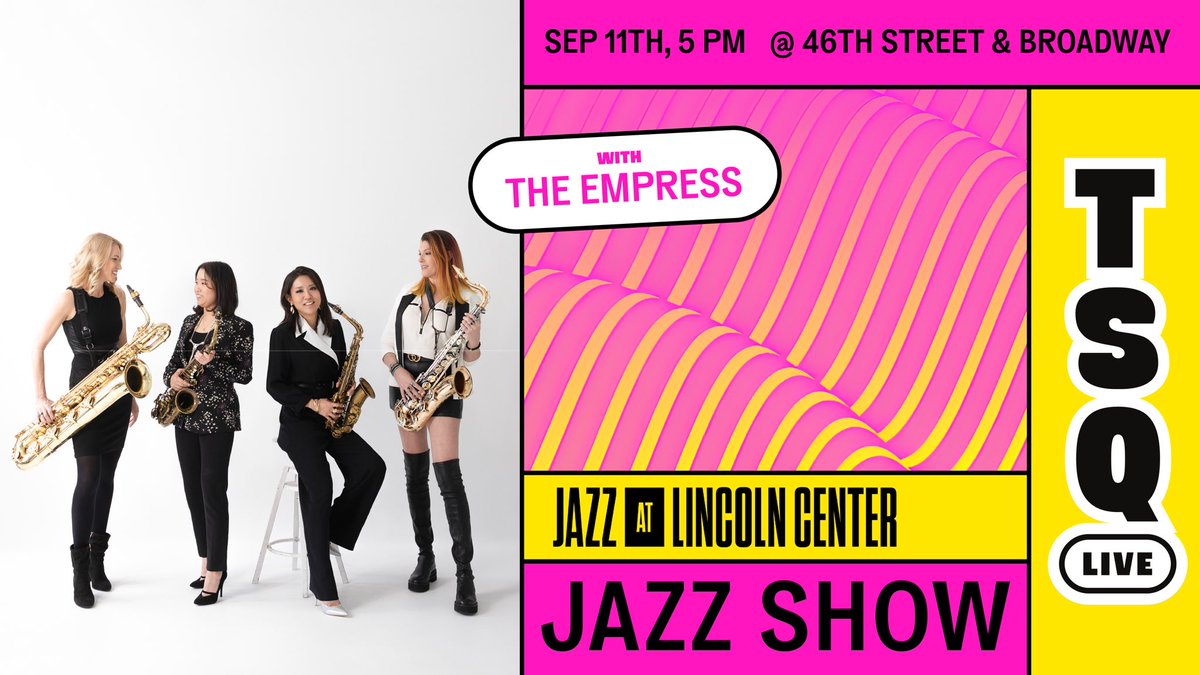 TimesSquareNYC's tweet photo. Jazzing all night long! 🎤 #TSQLive TONIGHT with @jazzdotorg and The Empress at 5pm at Broadway &amp; 46th Street in Times Square 🌟 https://t.co/qCj4KrFEMe

#NYC #TimesSquare #NYCEvents #NYCFreeEvents https://t.co/g88kHWylRq