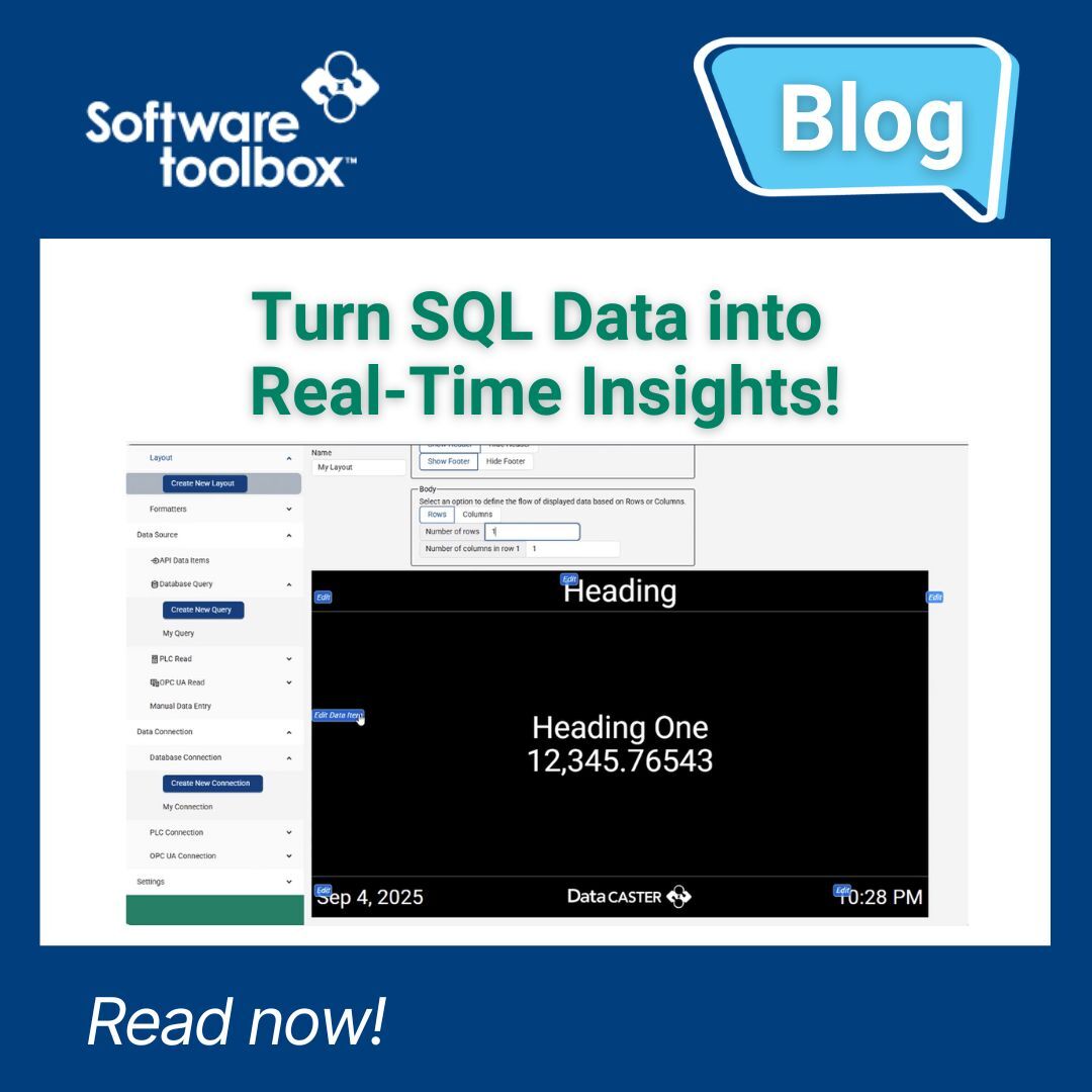 SoftwareToolbox's tweet image. For $895, turn your SQL data into live insights in minutes with DataCaster!
• 🖥 Connect SQL databases
• 🔗 Map & display live data
• ⚡ No coding, no IT needed
🎬 Read the blog, watch our video, and start making smarter decisions today.
Read Now: bit.ly/3JUQ7n3