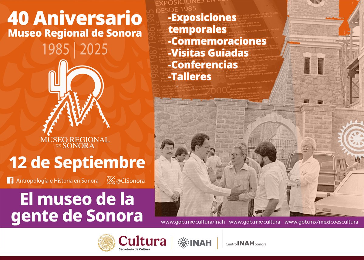 #40Aniversario | 12 de Septiembre 1985 - 12 de Septiembre 2025

El <a href="/CISonora/">Centro INAH Sonora</a> conmemora este día los 40 años de la apertura al público del Museo Regional de Sonora, recinto único por su carácter monumental y la historia que alberga entre sus imponentes muros de piedra y ladrillo.