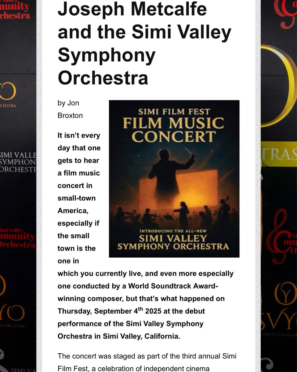 svorchestras's tweet image. Grateful to film music critic Jon Broxton for his wonderful review of the debut performance of the Simi Valley Symphony Orchestra at our @simifilmfest Film Music Concert 🎶✨

Read it via the International Film Music Critics Association: filmmusiccritics.org/2025/09/joseph…